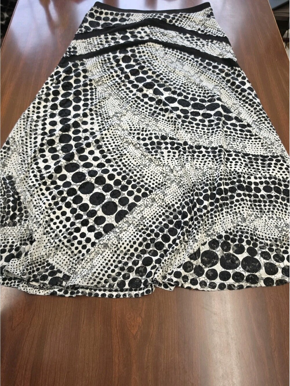 P Luca Milano Maxi Skirt Size 10 Black White Polka Dot Ruches Stretch Pull On